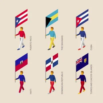 Set of 3d isometric people with flags of Caribbean countries Stock Illustration