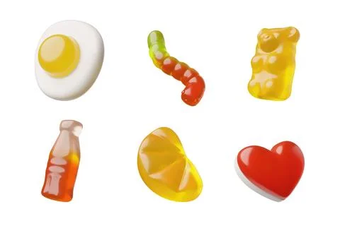 Set of 3D jelly candies of different shapes and colors, bear, worm, heart, egg Stock Illustration