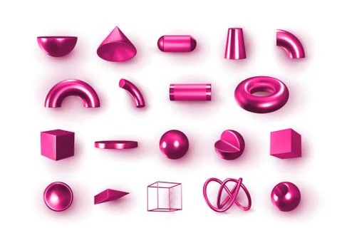 Set of 3d Lilac Geometric Shapes Objects. Realistic geometry elements isolate Stock Illustration