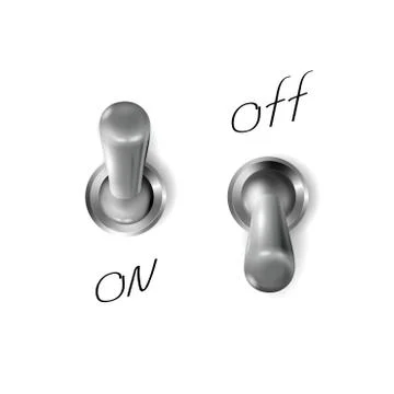 Set 3d metal toggle switches, realistic chrome objects. On and off. Stock Illustration