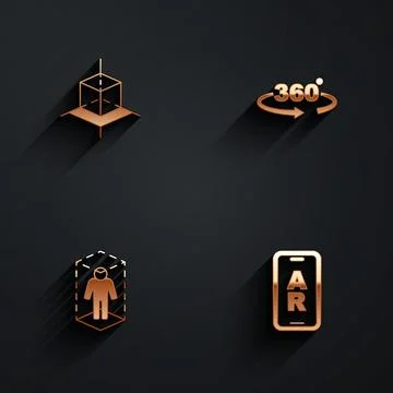 Set 3d modeling, 360 degree view, and Augmented reality AR icon with long shadow Stock Illustration