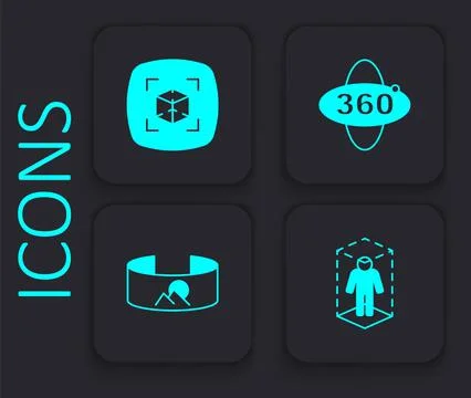 Set 3d modeling, 360 degree view and  icon. Black square button. Vector Illustrazione stock