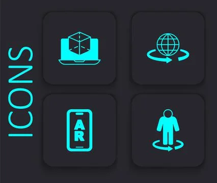 Set 3d modeling, and Augmented reality AR icon. Black square button. Vector 스톡 일러스트