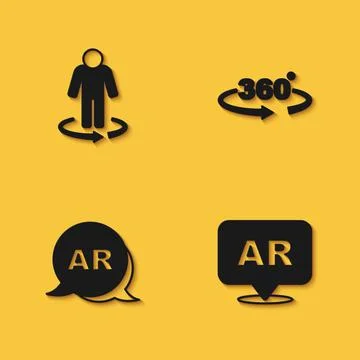 Set 3d modeling, Augmented reality AR, and 360 degree view icon with long shadow Illustrazione stock