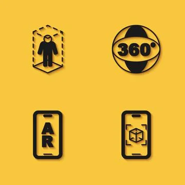 Set 3d modeling, Augmented reality AR and 360 degree view icon with long shad Stock Illustration