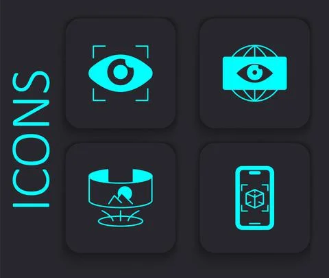 Set 3d modeling, Big brother electronic eye, and 360 degree view icon. Black Illustrazione stock