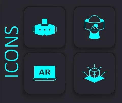 Set 3d modeling, Virtual reality glasses, and Augmented AR icon. Black square Stock Illustration