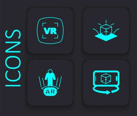 Set 3d modeling, Virtual reality, and Augmented AR icon. Black square button Stock Illustration