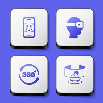 Set 3d modeling, Virtual reality glasses, 360 degree view and icon. White square Stock Illustration