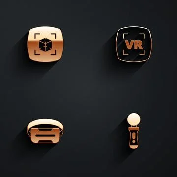 Set 3d modeling, Virtual reality, glasses and VR controller game icon with long Stock Illustration