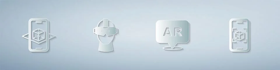 Set 3d modeling, Virtual reality glasses, Augmented AR and . Paper art style. Stock Illustration