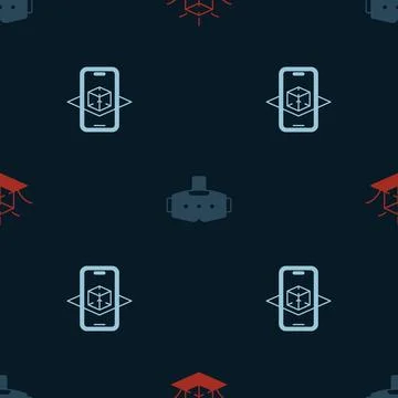 Set 3d modeling, Virtual reality glasses and on seamless pattern. Vector 스톡 일러스트