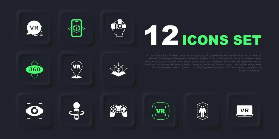 Set 3d modeling, Virtual reality, 360 degree view, VR controller game, and .. Stock Illustration