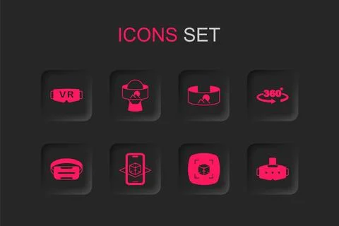 Set 3d modeling, Virtual reality glasses, 360 degree view,  and  icon. Vector Stock Illustration