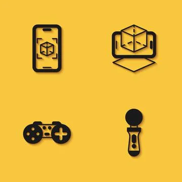 Set 3d modeling, VR controller game, Gamepad and icon with long shadow. Vector Stock Illustration