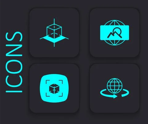 Set 3d modeling, Wide angle picture and icon. Black square button. Vector Stock Illustration