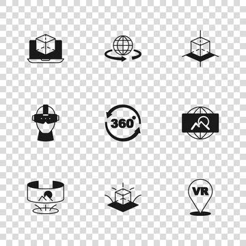 Set 3d modeling, Wide angle picture, Virtual reality, 360 degree view,  and.. Stock Illustration