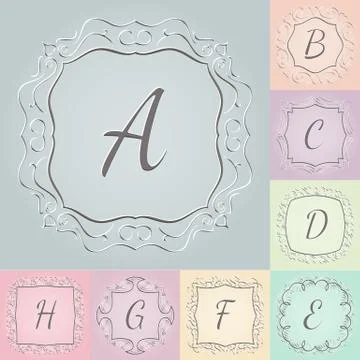 Set of 3d monograms hand drawn style colorful with frames Illustration