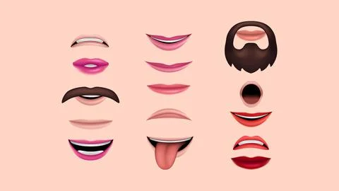Set of 3D Mouths. Different lips and beard forms Stock Illustration