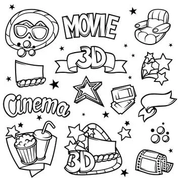 Set of 3d movie design elements and cinema objects in cartoon style Illustrazione stock