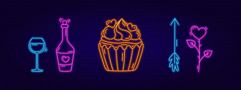 Set 3d Neon Design Elements Wine Bottle, Glasses, Sweet Dessert, Flower Illustrazione stock