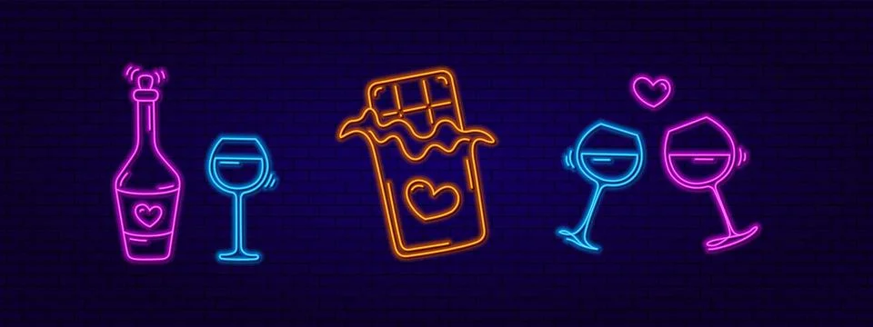 Set of 3d Neon Design Elements Wine Bottle, Glasses and Chocolate Stock Illustration
