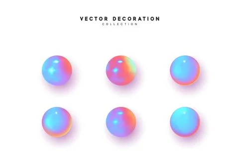 Set 3d object round sphere, ball with gradient holographic color of hologram. Stock Illustration