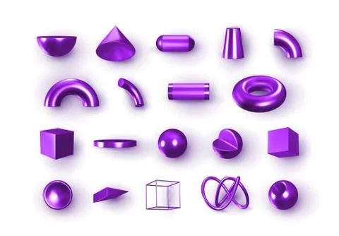 Set of 3d Objects Purple Geometric Shapes. Realistic geometry elements isolat Stock Illustration
