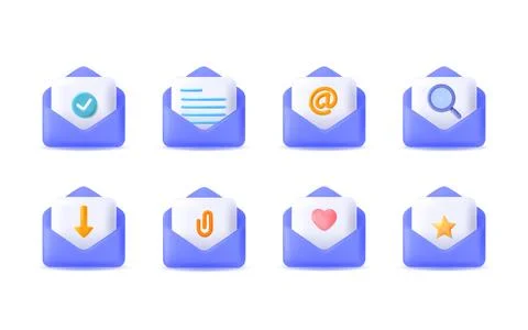 Set of 3d open mail envelope vector icon illustration. Message notification Stock Illustration