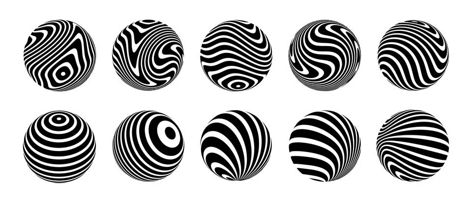 Set of 3d optical illusions on spheres. Spheres from twisted stripes. Illusio Stock Illustration
