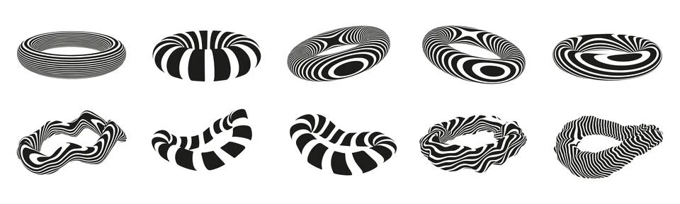 A set of 3D optical illustrations of a torus. Geometric deformed figures fr.. Stock Illustration
