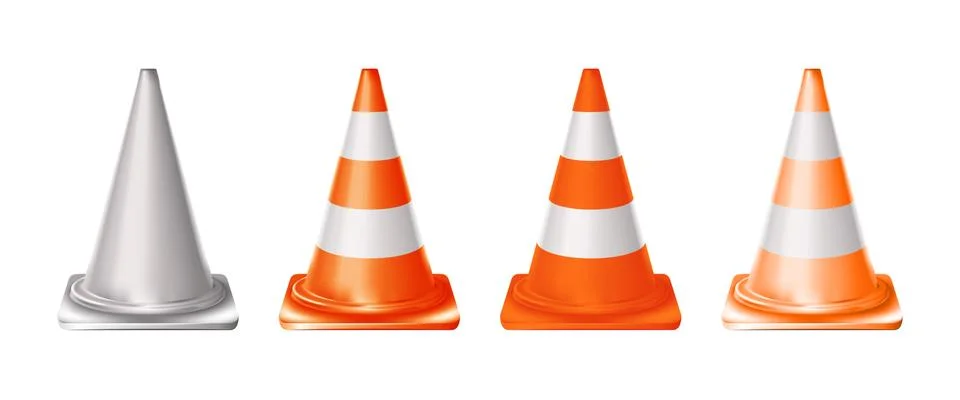 Set 3d orange realistic traffic cones with light and orange stripes isolated Stock Illustration