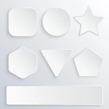 Set of 3d paper buttons in various shapes. White buttons on gray background.. Stock Illustration