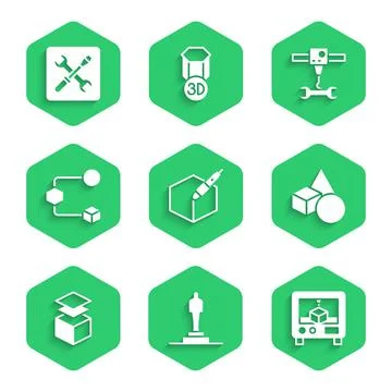 Set 3d pen tool, 3D printer model, Basic geometric shapes, Layers, Isometric Illustrazione stock