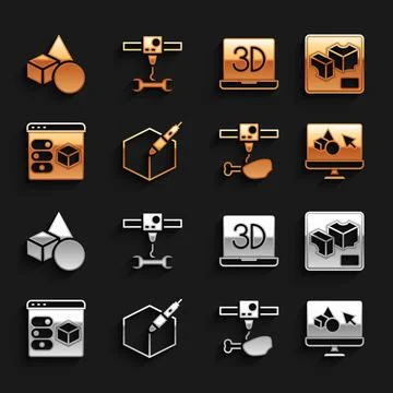 Set 3d pen tool, 3D printer, software, chicken leg, Basic geometric shapes and Illustrazione stock