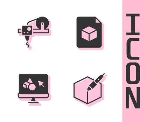 Set 3d pen tool, 3D printer, software and Isometric cube file icon. Vector Ilustração Stock