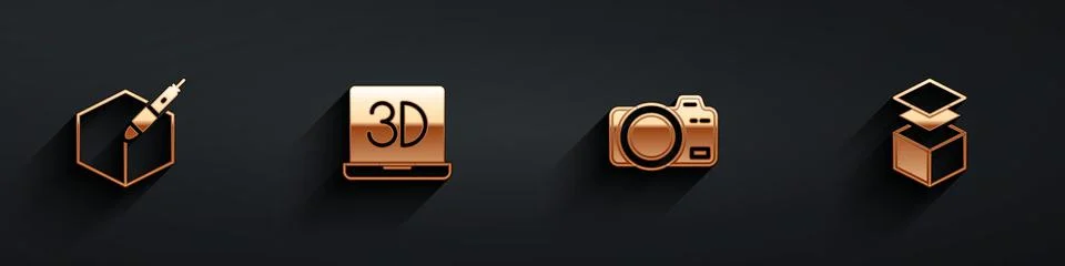 Set 3d pen tool, 3D printer, Photo camera and Layers icon with long shadow Ilustração Stock
