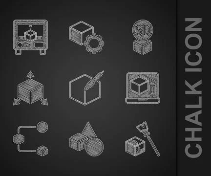 Set 3d pen tool, Basic geometric shapes, Isometric cube, 3D printer, and icon Illustrazione stock