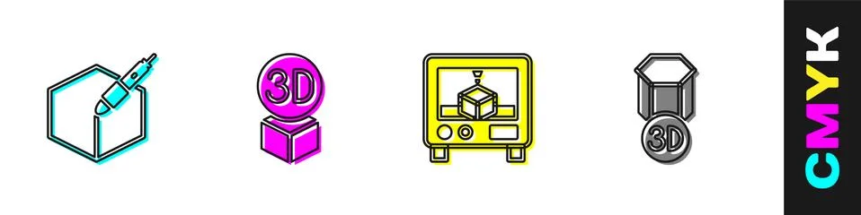 Set 3d pen tool, Isometric cube, 3D printer and icon. Vector Stock Illustration