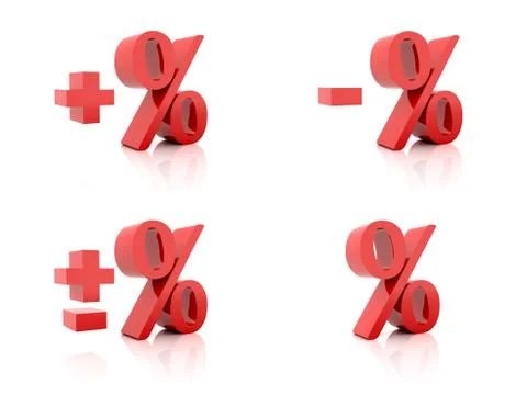 Set of 3D Percent. Plus, minus. Red on white background. Concept 3D illustrat Stock Illustration