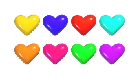 Set of 3d plastic hearts in various happy colors isolated on white background Stock Illustration
