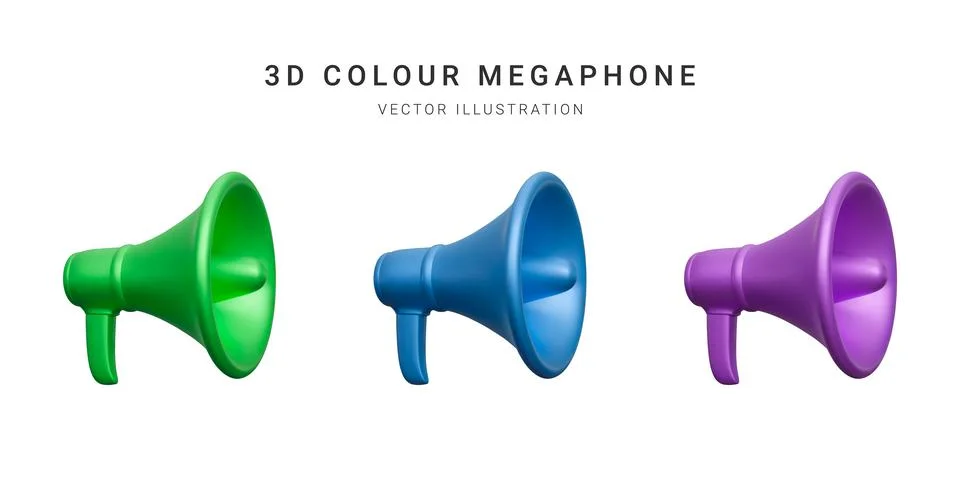 Set of 3d plastic megaphonesisolated on white background. Vector illustration Stock-Illustration