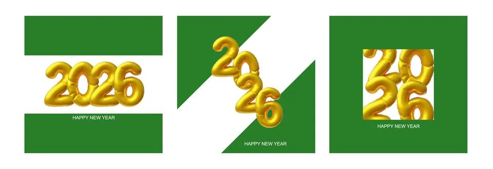 A set of 3D posters with inflatable gold numbers 2026 on a white and green Stock Illustration