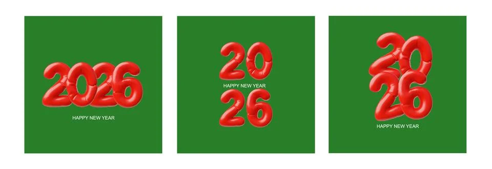 A set of 3D posters with inflatable red numbers 2026 on a green background. Stock Illustration