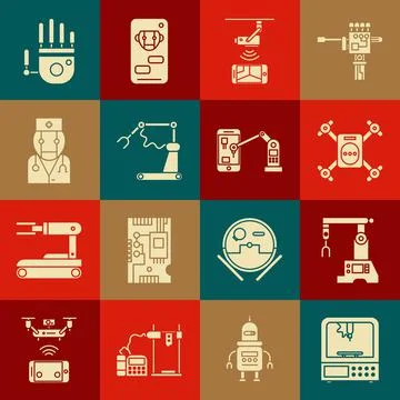 Set 3D printer, Assembly line, Drone flying with action camera, Wireless Illustrazione stock