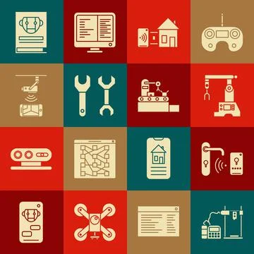 Set 3D printer, Assembly line, Smart home, Spanner, Wireless Controlling CCTV Stock Illustration