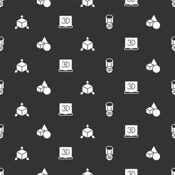 Set 3D printer, Basic geometric shapes, Isometric cube and on seamless pattern Stock Illustration