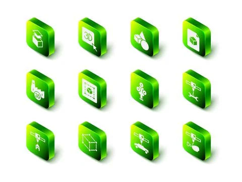 Set 3D printer, Basic geometric shapes, Isometric cube file, wrench spanner Stock Illustration