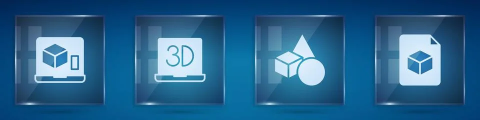 Set 3D printer, , Basic geometric shapes and Isometric cube file. Square glass Stock Illustration