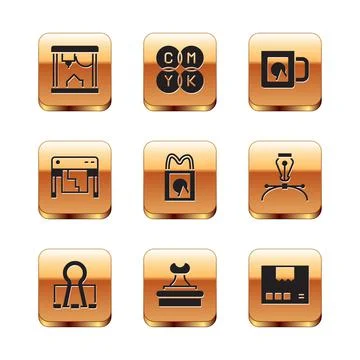 Set 3D printer, Binder clip, Stamp, Paper shopping bag, Plotter, Coffee cup Ilustración de archivo